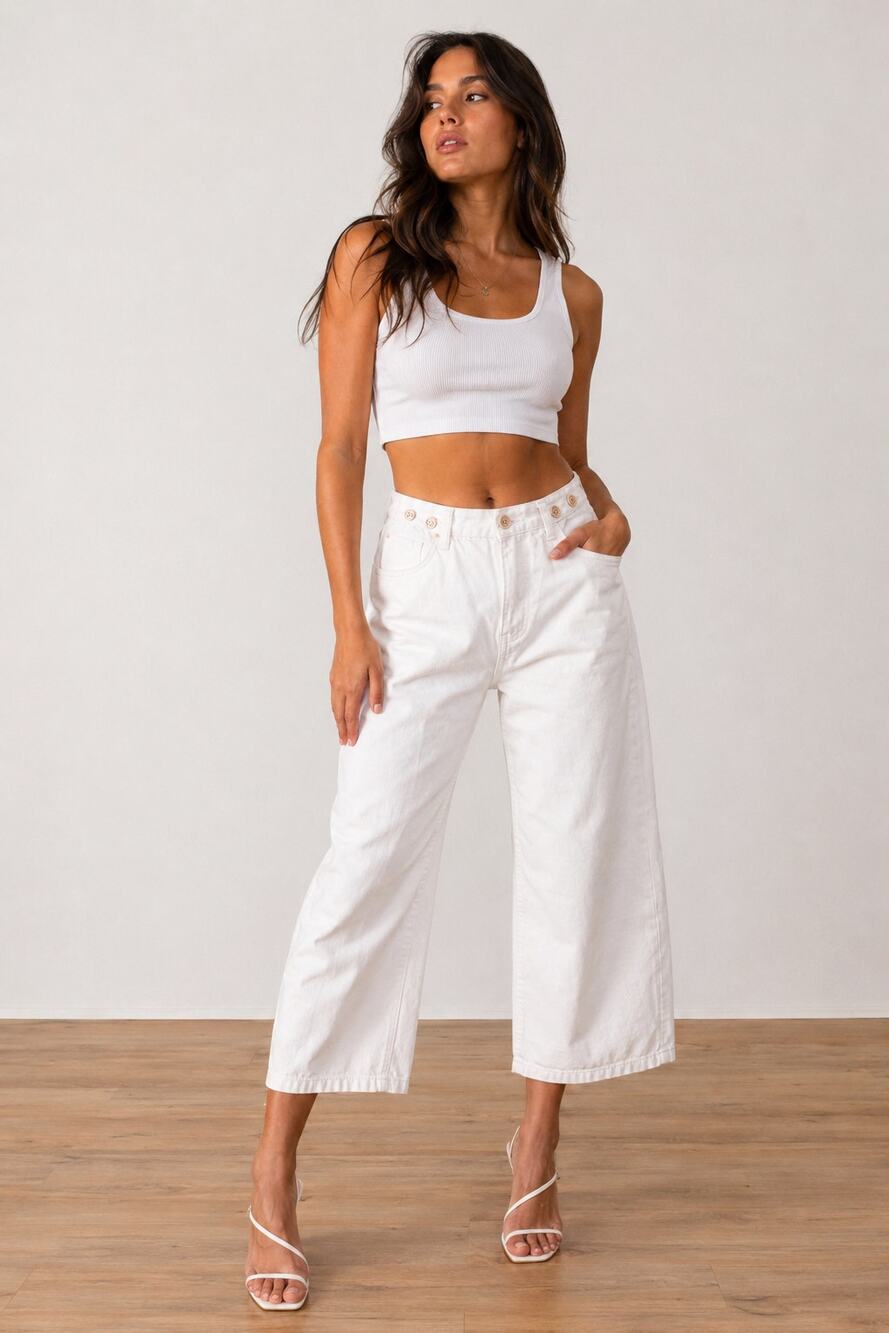 Kernel Cosmos Women's L Ivory Denim Barrel Leg Crop Capri Pants Button Waist